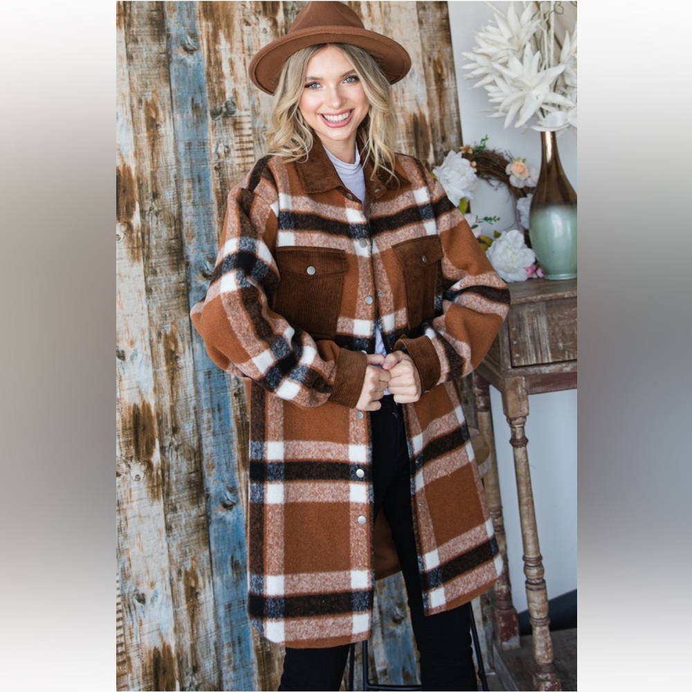 30 Boho Plaid Corduroy Flap Pocket Shacket/Jacket - Picture 2 of 8